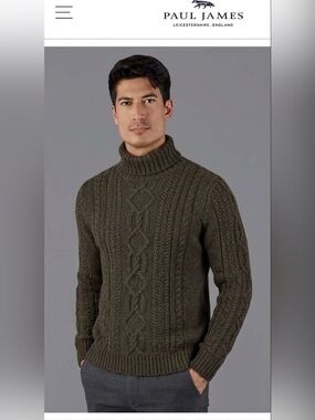 Paul James 100% Wool Turtleneck Cable Knit Sweater Green Olive , M